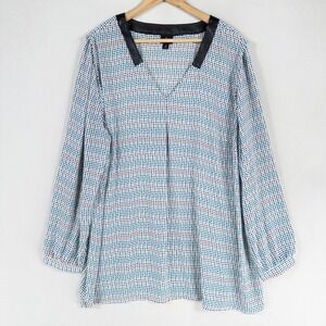 Worthington Top Blouse 2X Blue Black White Geometric Faux Leather Trim Popover